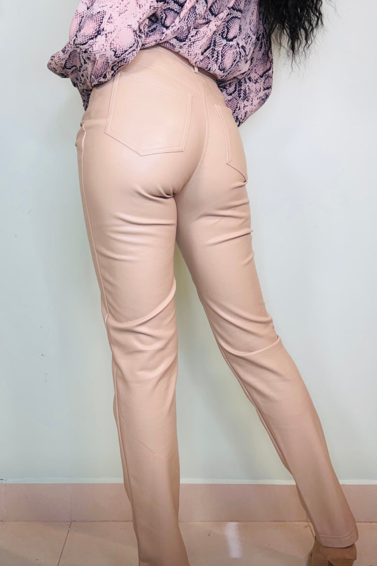 FAUX LEATHER STRAIGHT PANT - BEIGE